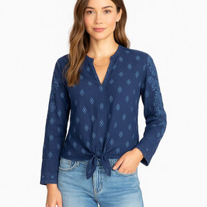 Johnny Was Blue Embroidered Sheer Eyelet Blouse XS Boho Tie-Front Top